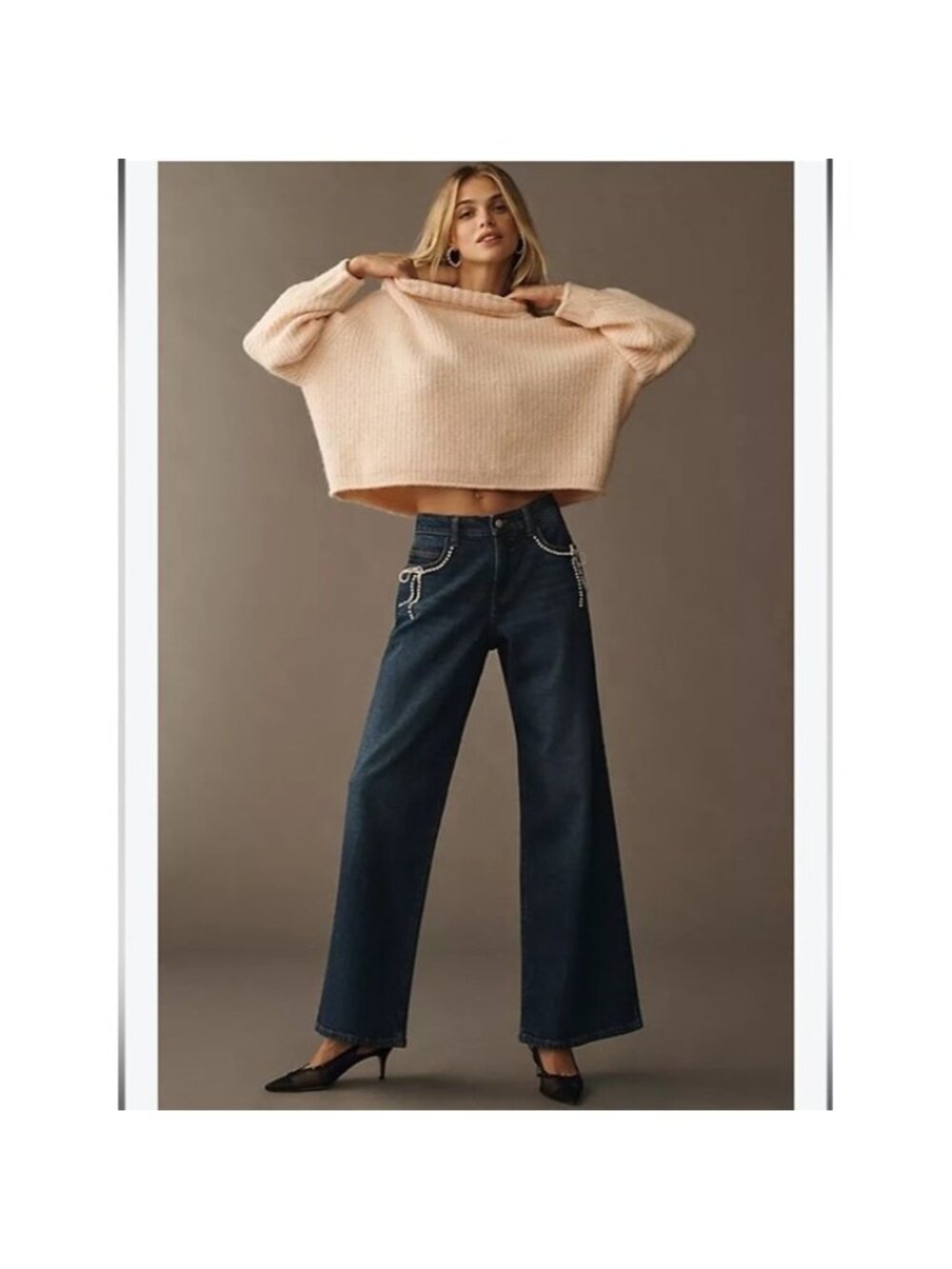 ANTHROPOLOGIE Pilcro Pearl Embellished Bow  Wide Leg Jeans Dark Denim NEW